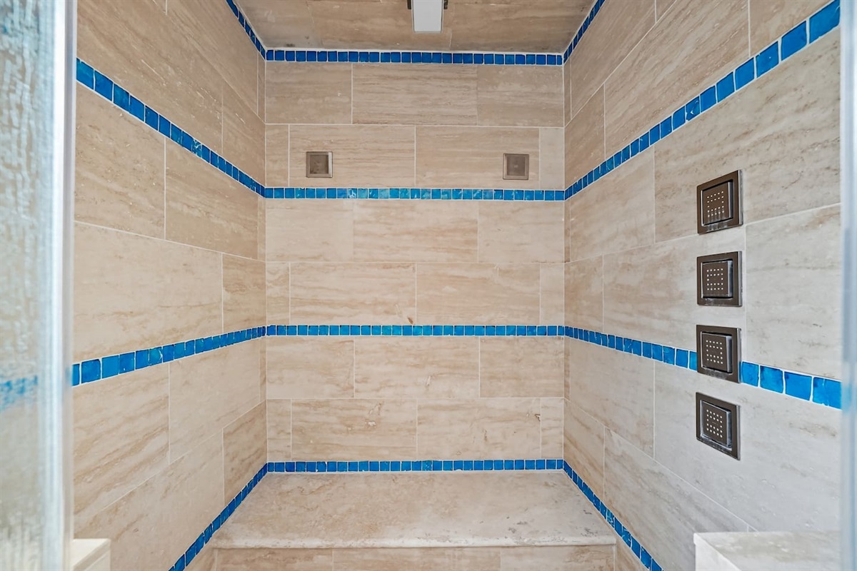 Master bathroom shower with rain and side shower heads