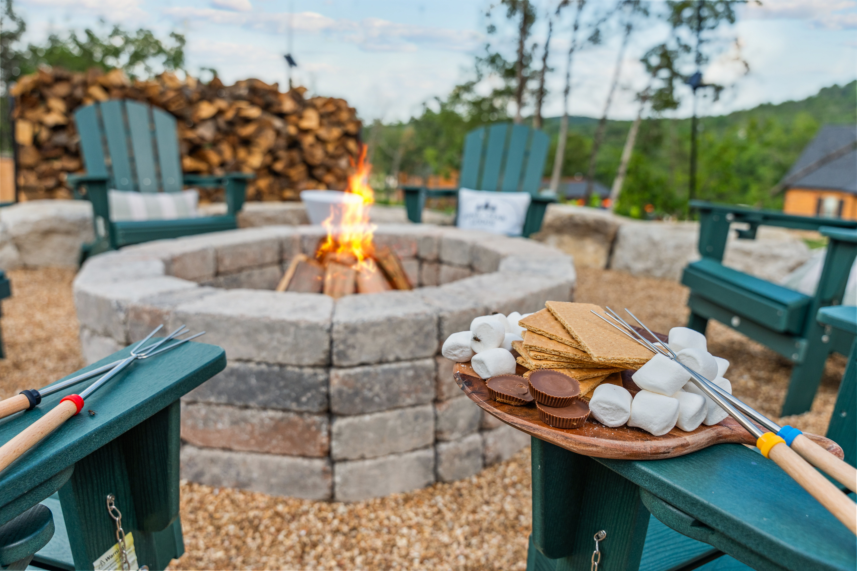 Graham crackers, chocolate, and marshmallows – build the perfect s'more at the fire pit.