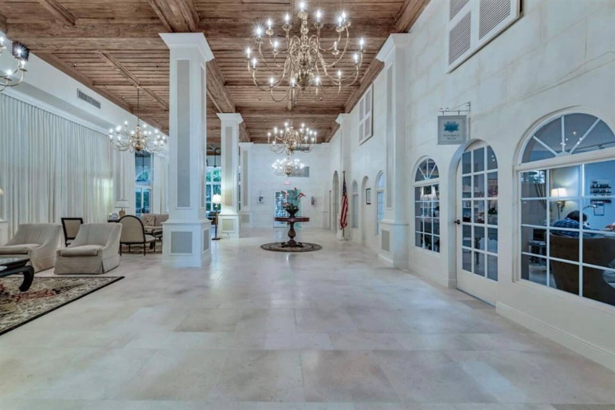 The elegant main lobby of this historic hotel.