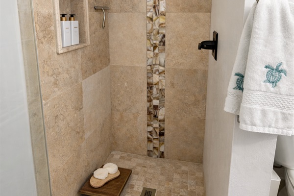 Walk-in shower with natural stone tile