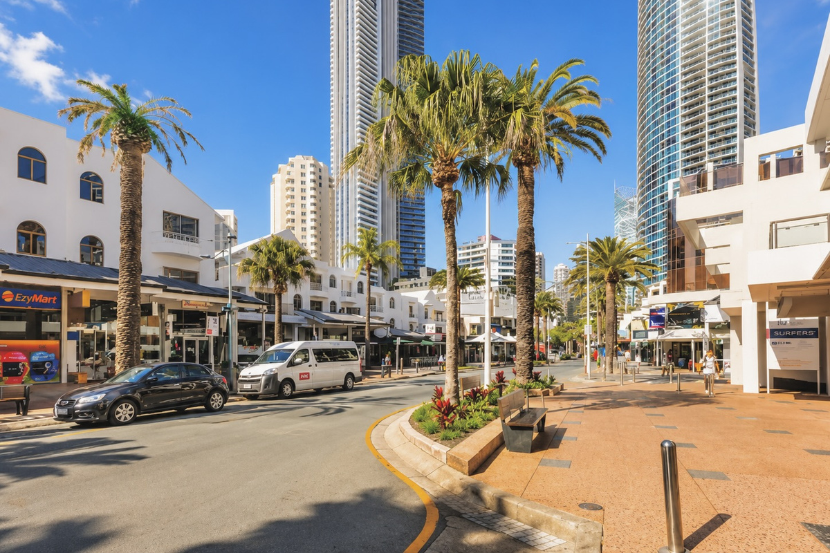 The central position of Robin’s Oceanview Penthouse places the apartment within a walkable Surfers Paradise streetscape, with shops and dining close to the building.