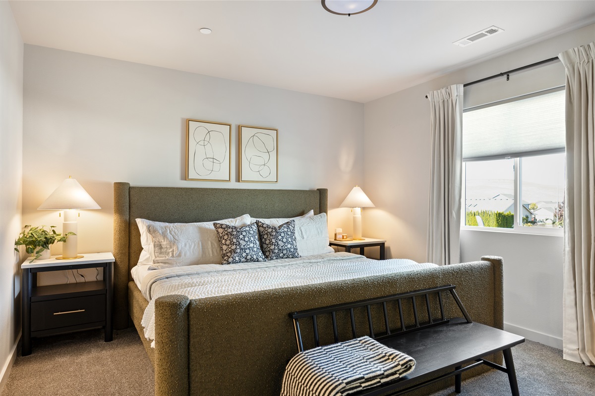 Primary Bedroom | King Size Medium Firm Mattress | Cotton Sateen Sheets | Blackout Curtains