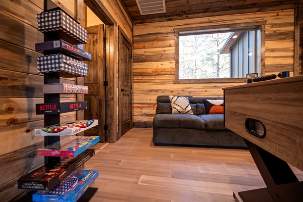 Spend rainy afternoons playing games, laughing with friends, and relaxing in this cozy cabin hangout space.