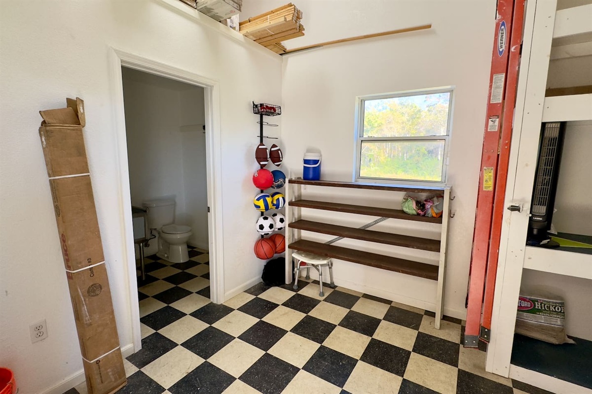 A vertical rack neatly organizes basketballs, volleyballs, soccer balls, and a football for easy access.
