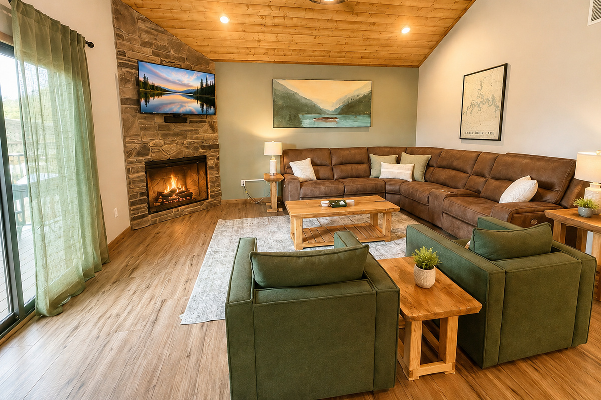 Cozy living room with reclining sofa and two swivel chairs 