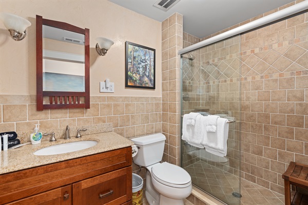 Hallway Full Bath & Walk-in Shower - with Hair Dryer, Teak Shower Bench