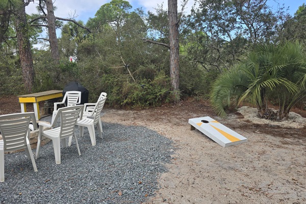 Corn hole, fire pit, grill and a landscaped yard