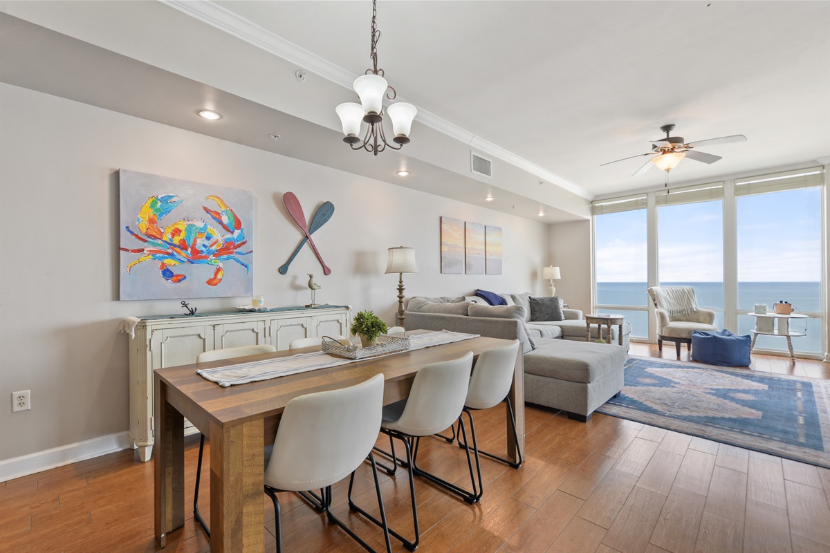Dining room table seats 6-8.