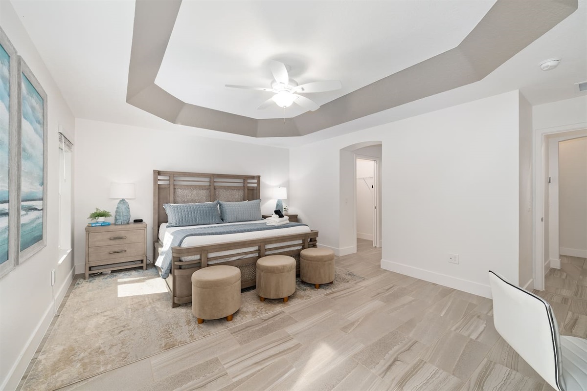 Serene primary bedroom with soft tones