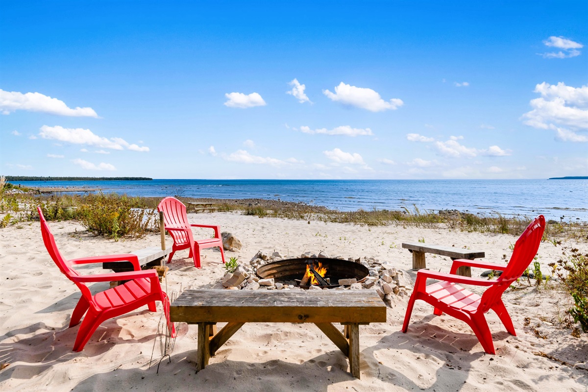 Beach side fire with direct views of Mackinac Island!