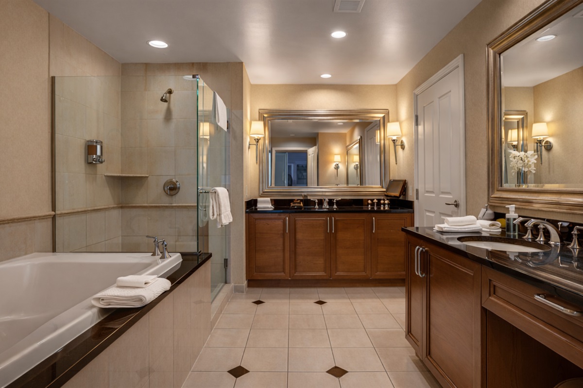 Jetted Soaking Tub — Primary Ensuite Bath with Deep Soak Tub, Glass Shower, Dual Vanity
