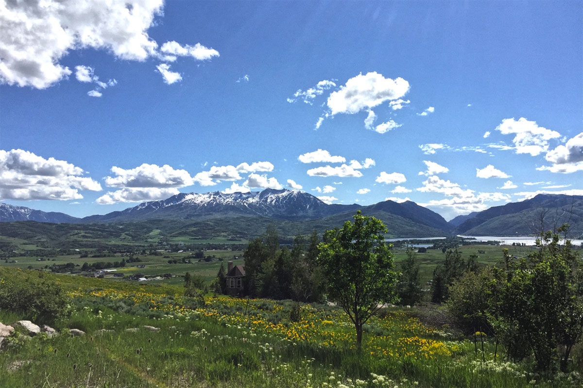 Summer scenery with lush green valleys and mountain backdrops from the deck.