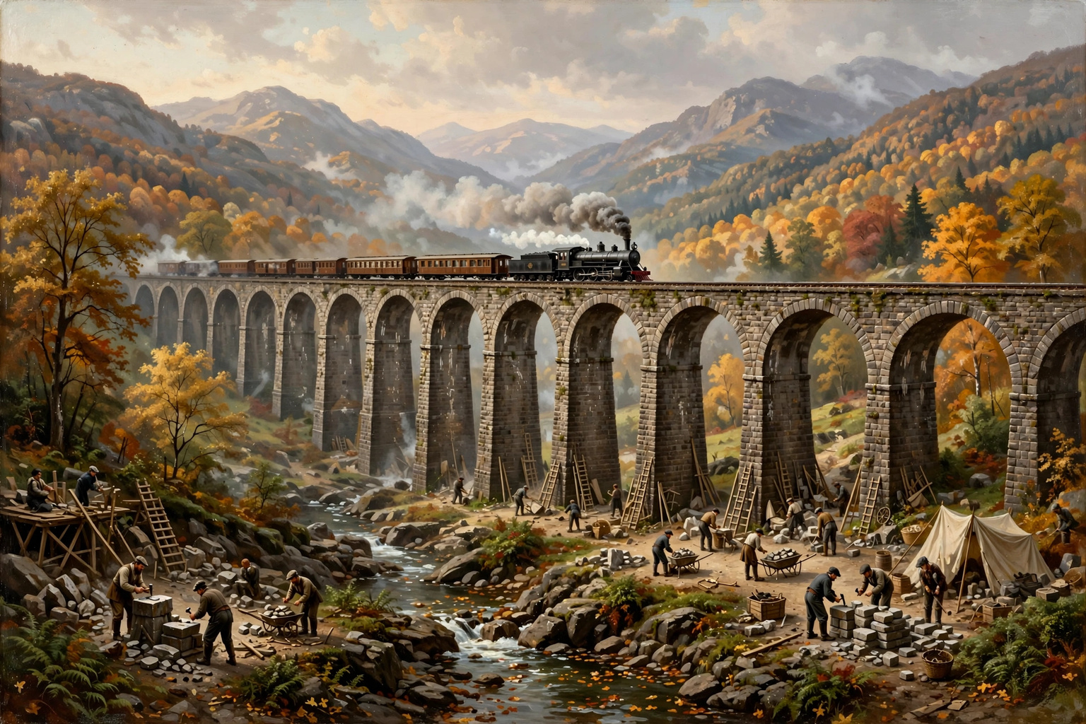 Illustration of the Starrucca Viaduct stone arches with a steam locomotive crossing