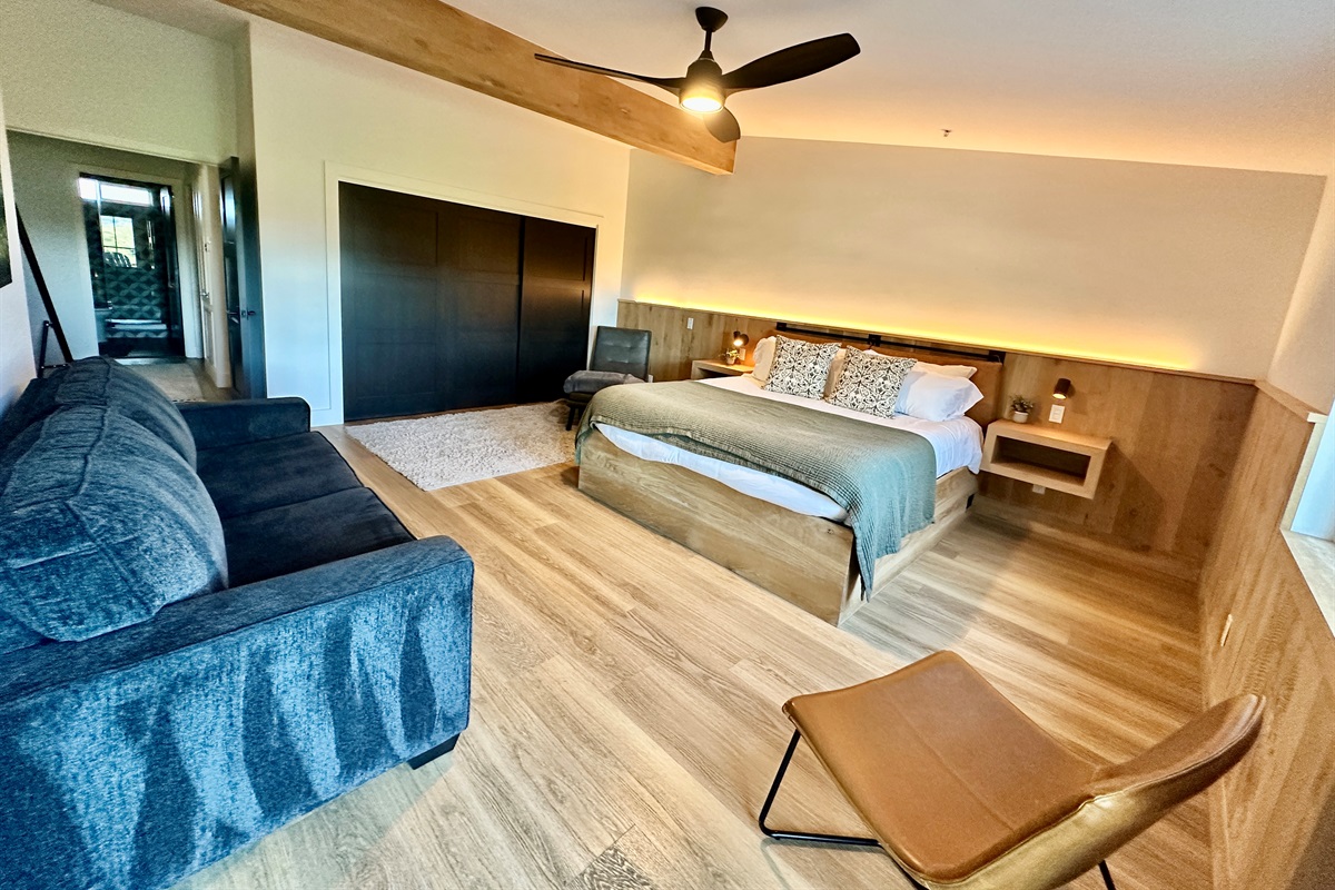 A spacious California King suite featuring a cozy lounge area with a queen pull-out sofa, and a large closet with sleek sliding doors.