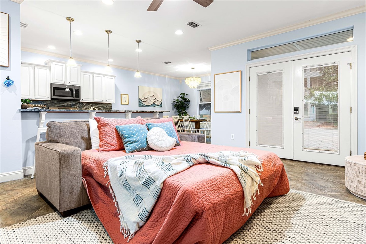 A queen-size sleeper sofa with an upgraded mattress. The 12th guest sleeps just as well as everyone else