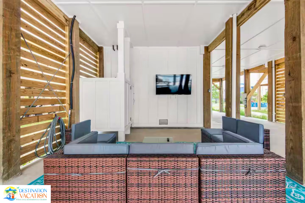 Covered lounge area perfect for relaxing after swimming.