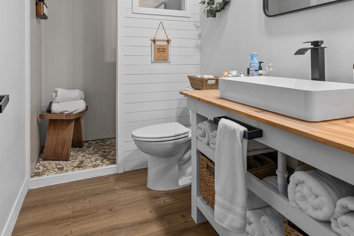 Enjoy the convenience of a modern walk-in shower after a day on the lake.