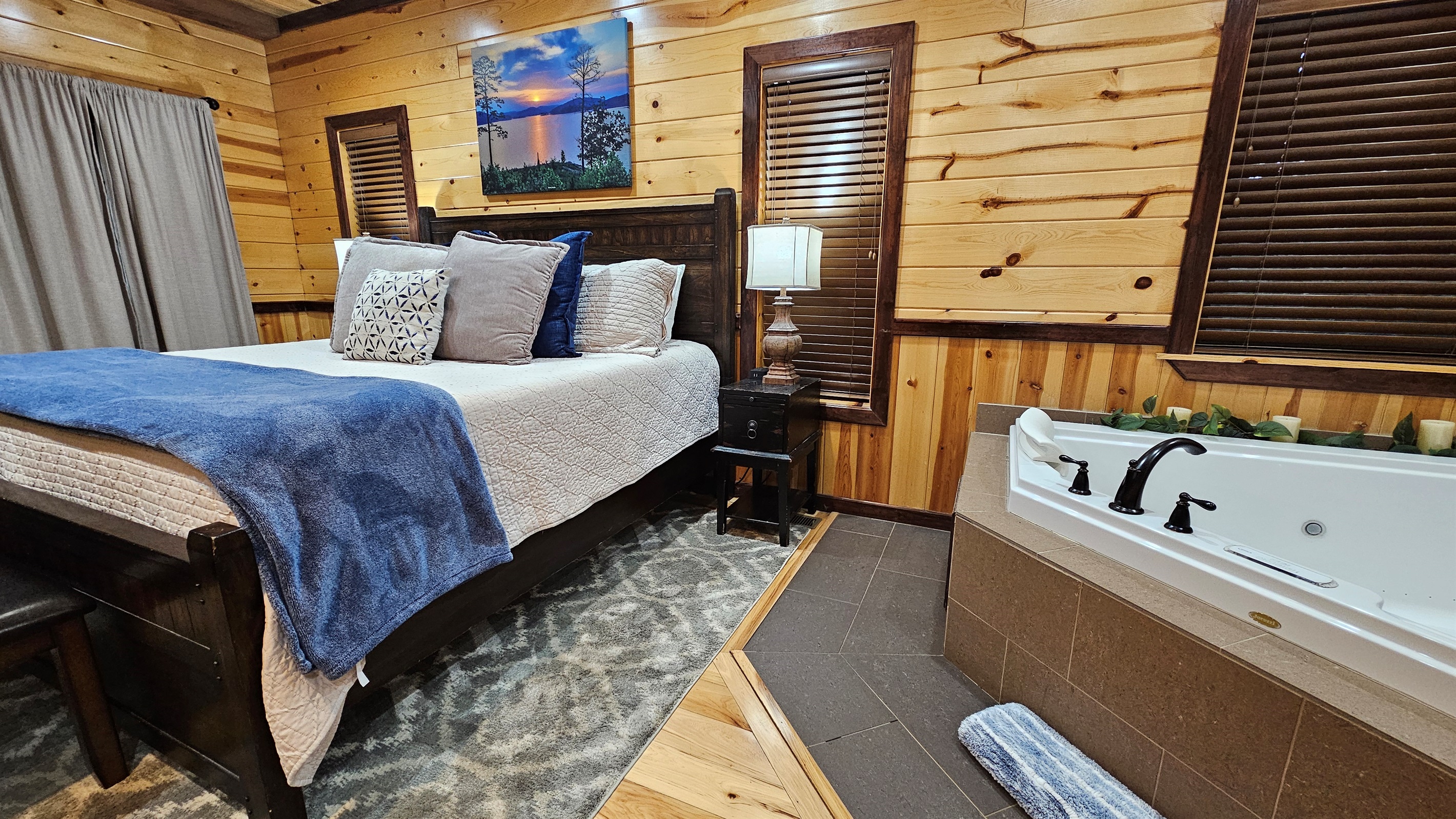 King bedroom with spa‑style jetted tub—perfect for a romantic, end‑of‑day unwind.