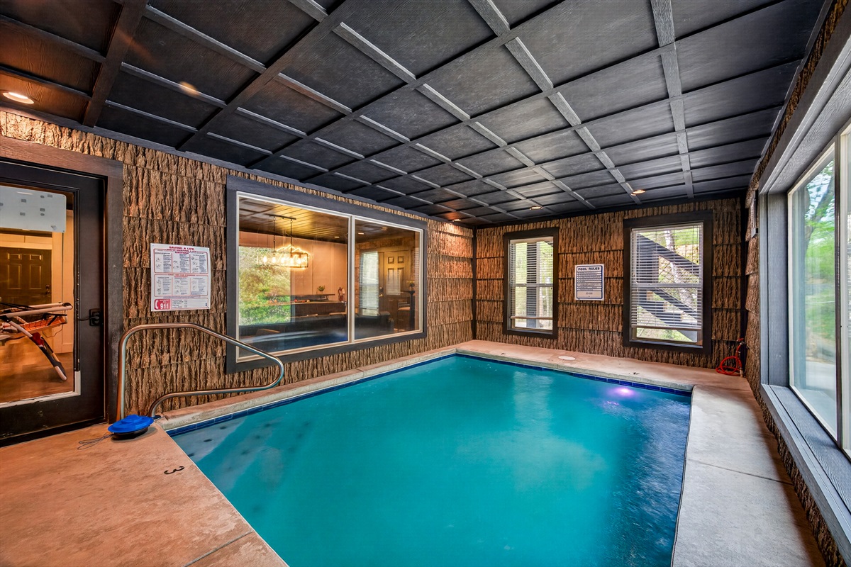 Indoor swimming pool. Self-locking safety doors and alarms.