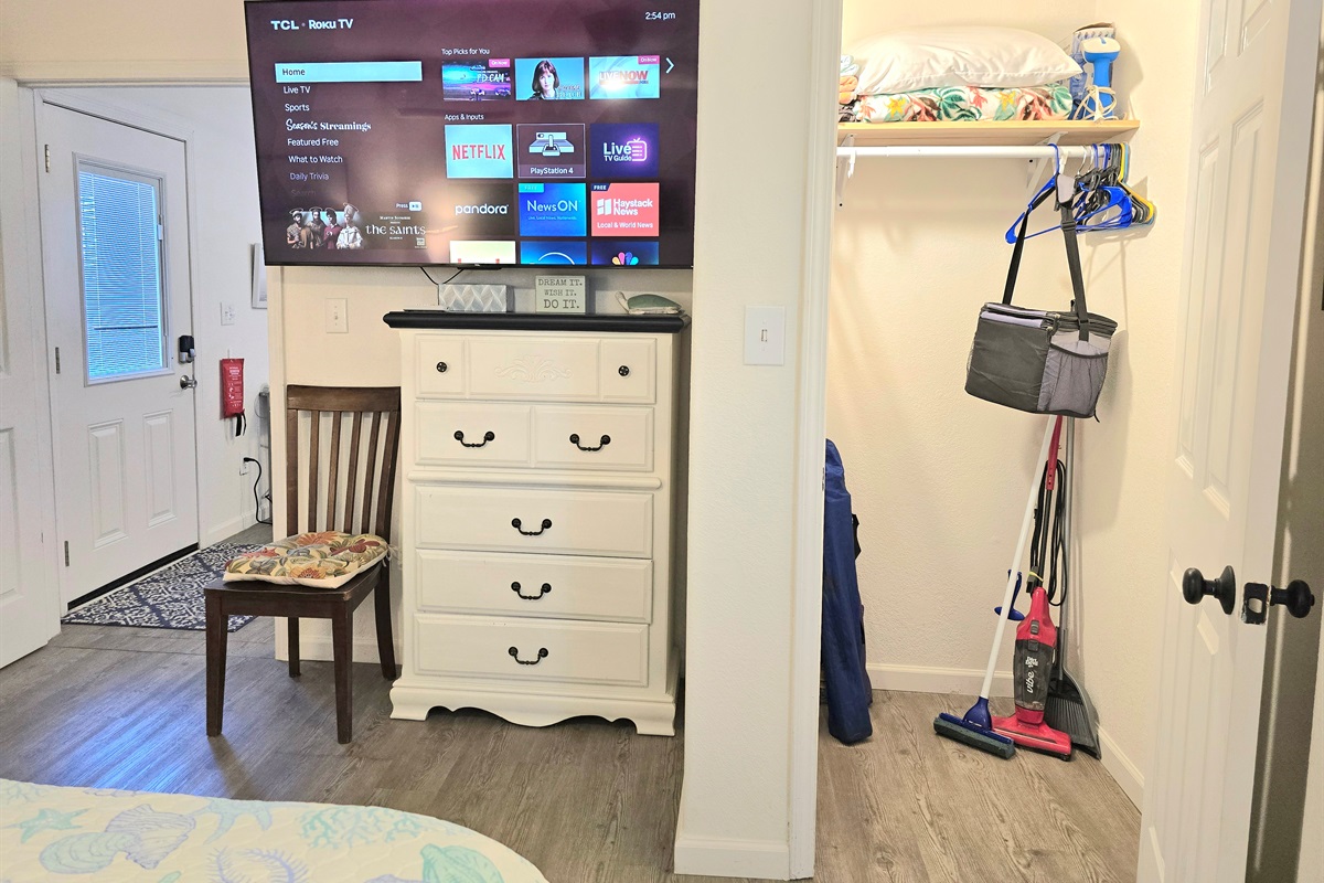 Watch the 70" Roku TV From bed.  Hang your clothes in the closet and grab the beach gear for your trip to the beach!