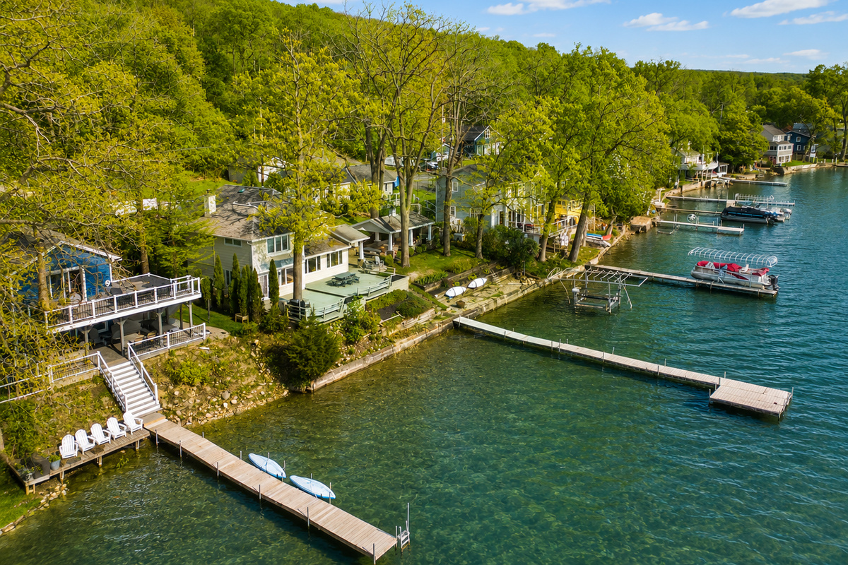 Lakeside homes with private docks, perfect for boating and water activities. Enjoy the serene setting and stunning views, ideal for a peaceful getaway surrounded by nature.