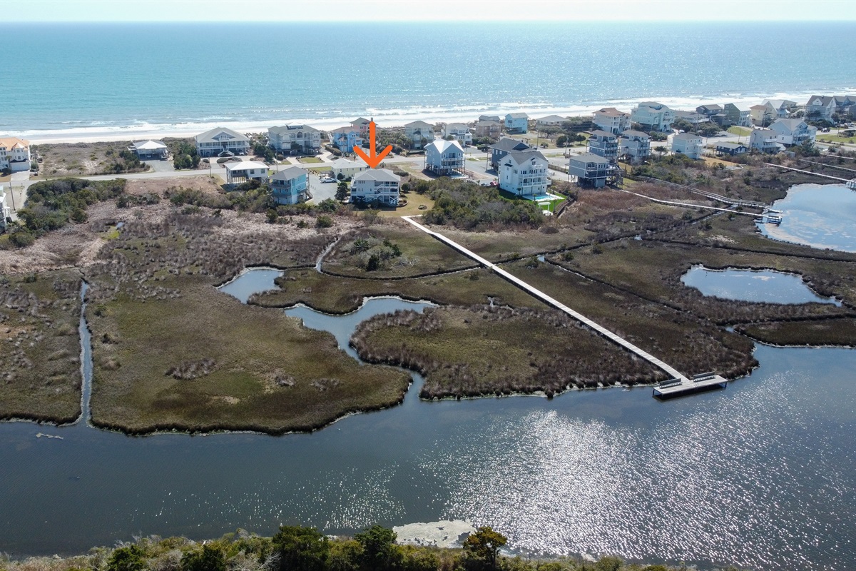 Aerial view of Soundside Solace with marsh, sound, and private dock
