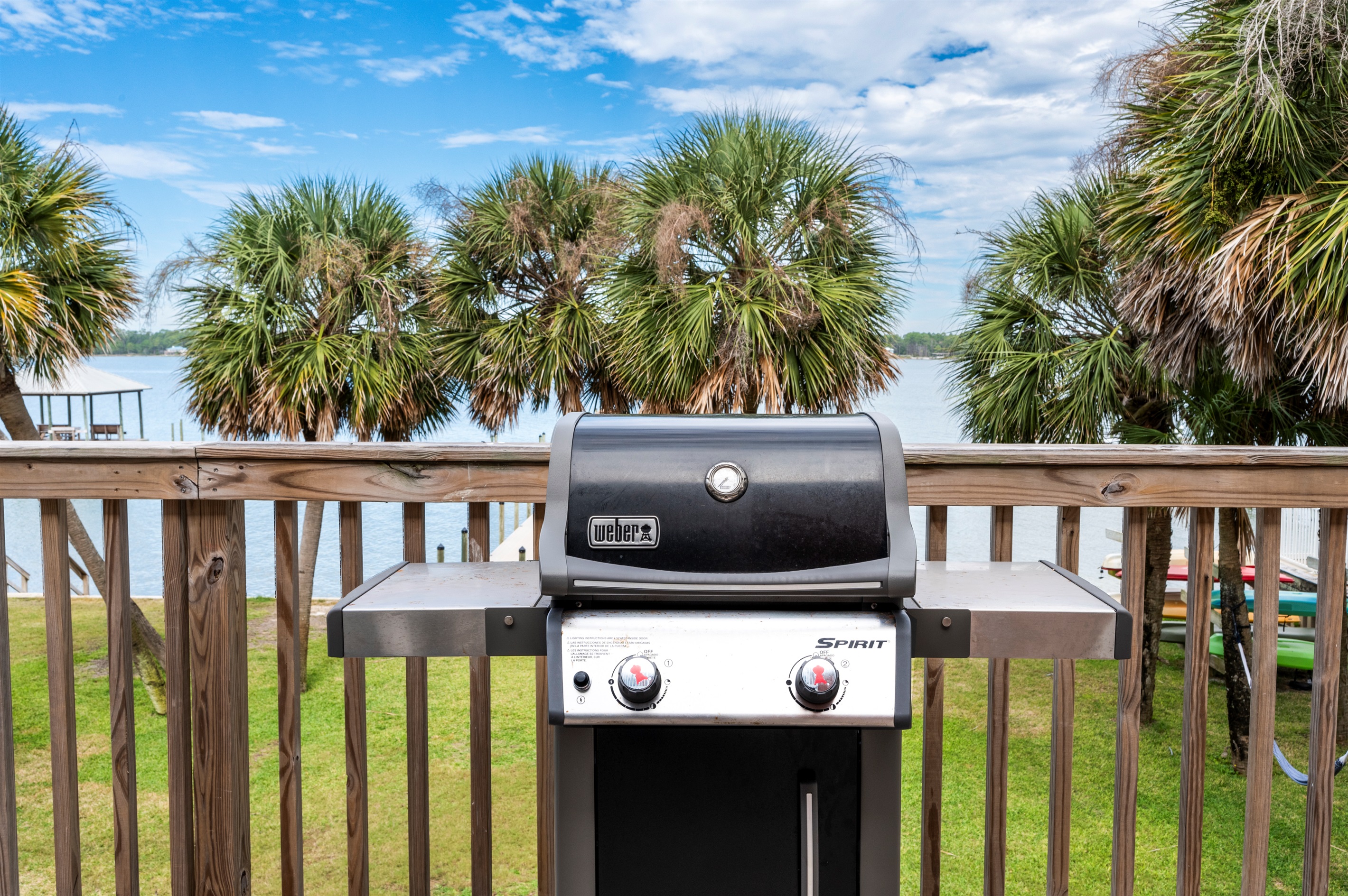Relaxing lakeside BBQ with a Weber Spirit grill and scenic palm tree views.
