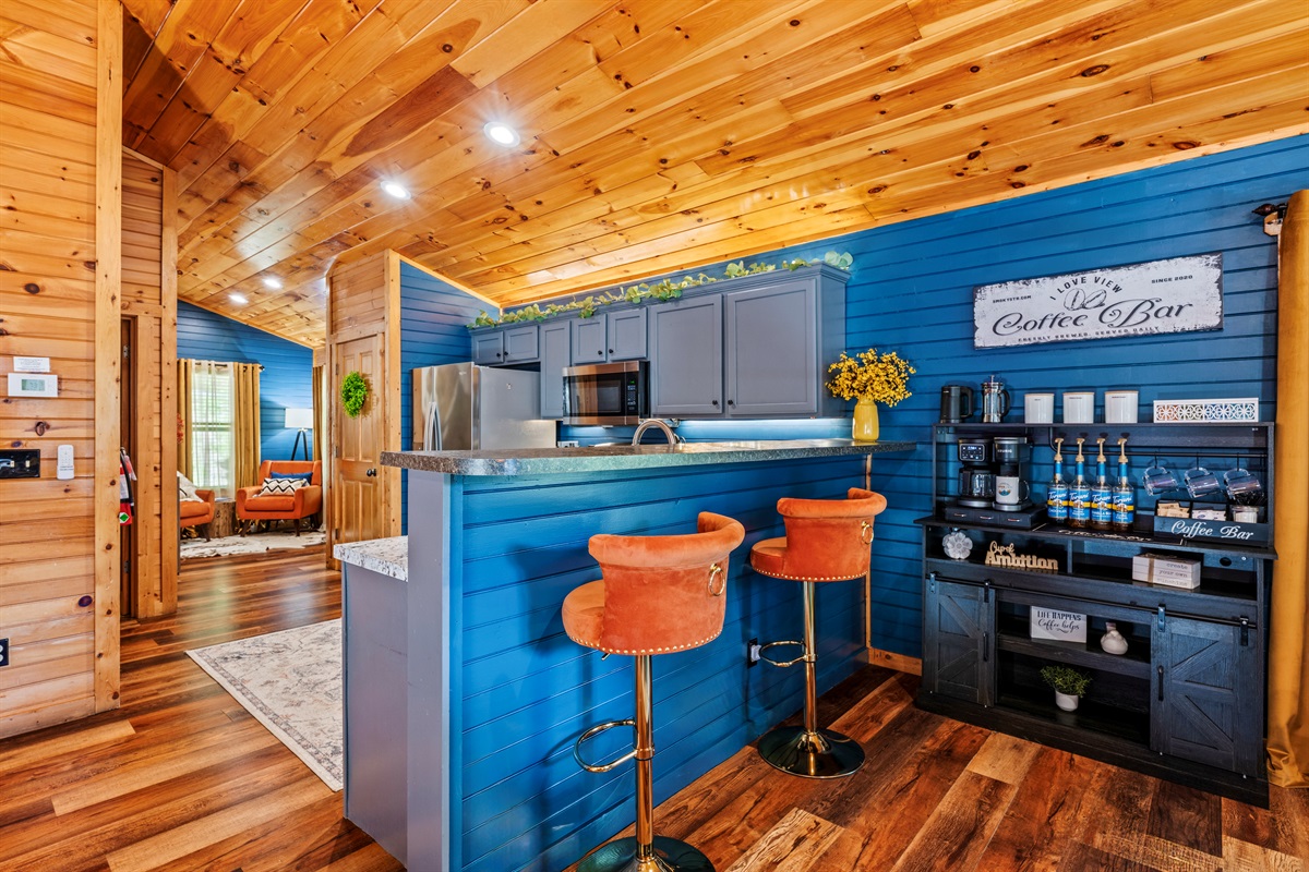 Coffee bar with machines, condiments, syrups, tea, kcups for the best mornings