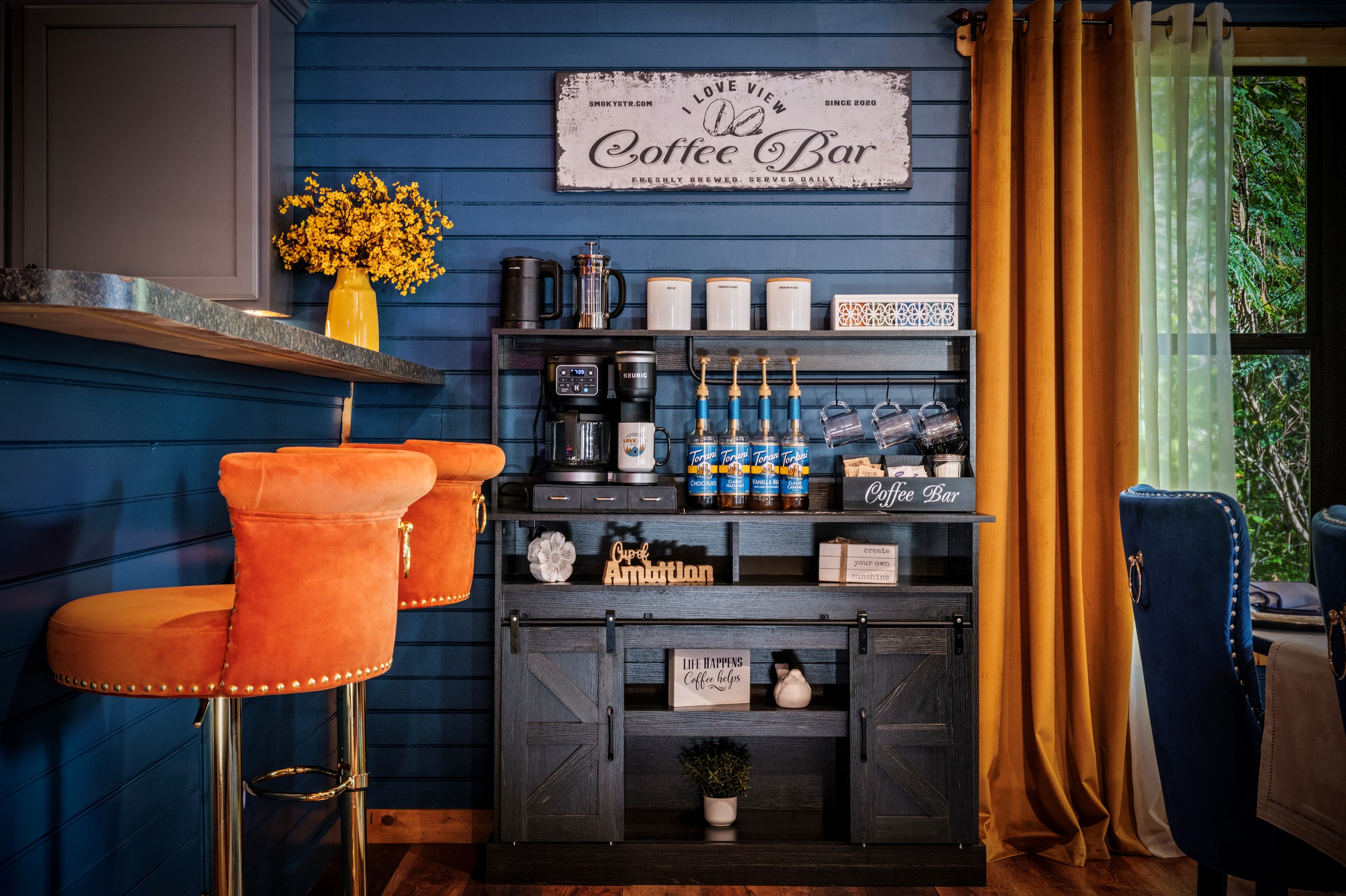 Coffee bar anyone? We have assortments of ground and kcups, syrup flavors and condiments, and assorted tea bags for the non-caffeine tea enthusiasts. This + the morning patio sunrise, it can't get any better!