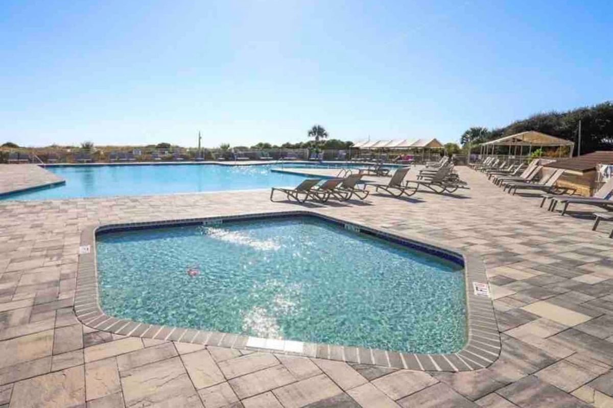 Pool deck with lounge chairs