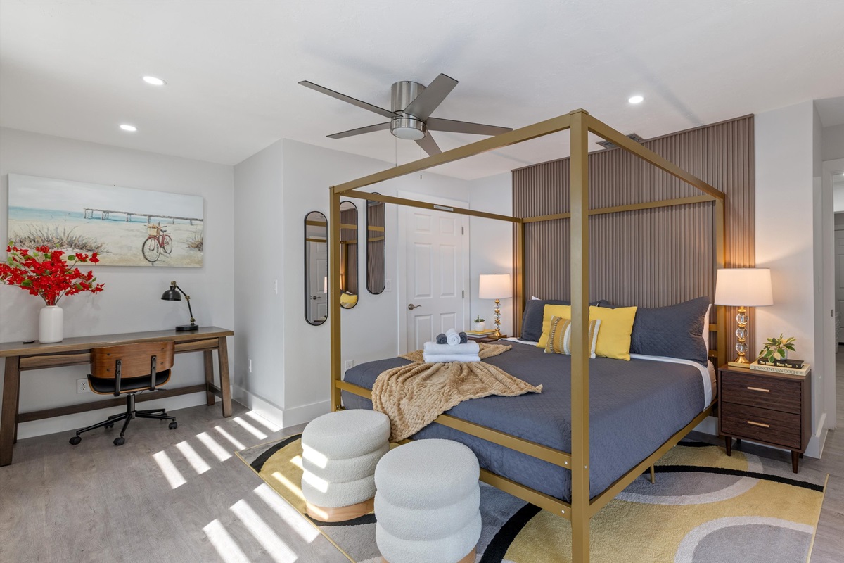 Our second bedroom is also the perfect space for anyone needing to do some work, with its own dedicated workspace.