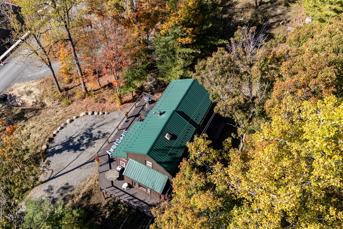 Aerial view of the cabin tucked into the trees above Keuka Lake — your hillside escape.