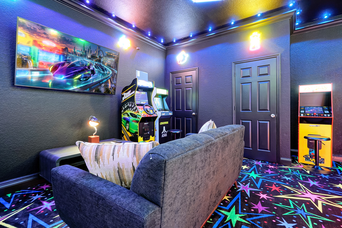 Game room lounge with arcade cabinets