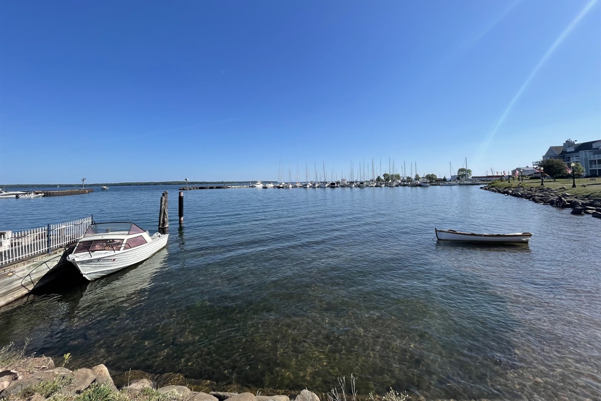 Dock in downtown Bayfield in the summer looking at Marina