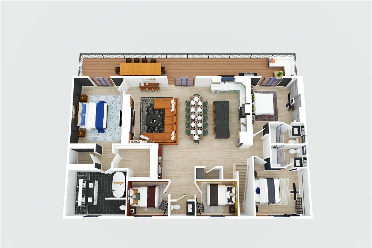 {Upper Level}
Spacious upper level with open-concept kitchen, dining, and living areas, plus five additional private bedrooms — designed for both gathering and retreat.