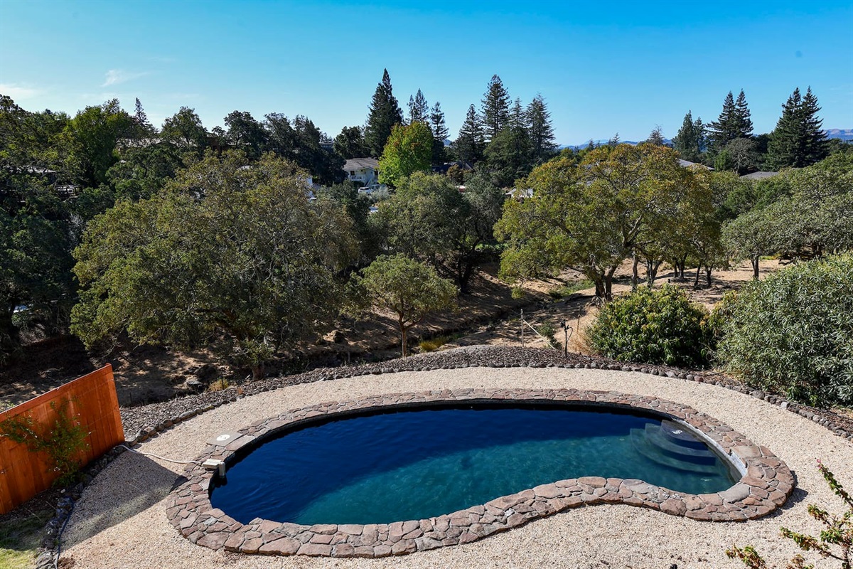 Backyard with pool and lounge area.