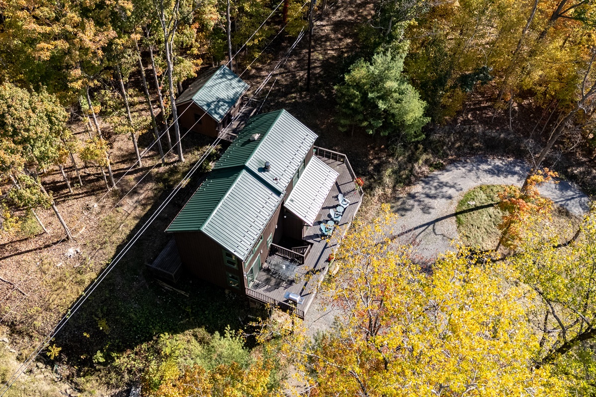 Aerial framing of the cabin’s deck stepping into the forest — nature-immersed.