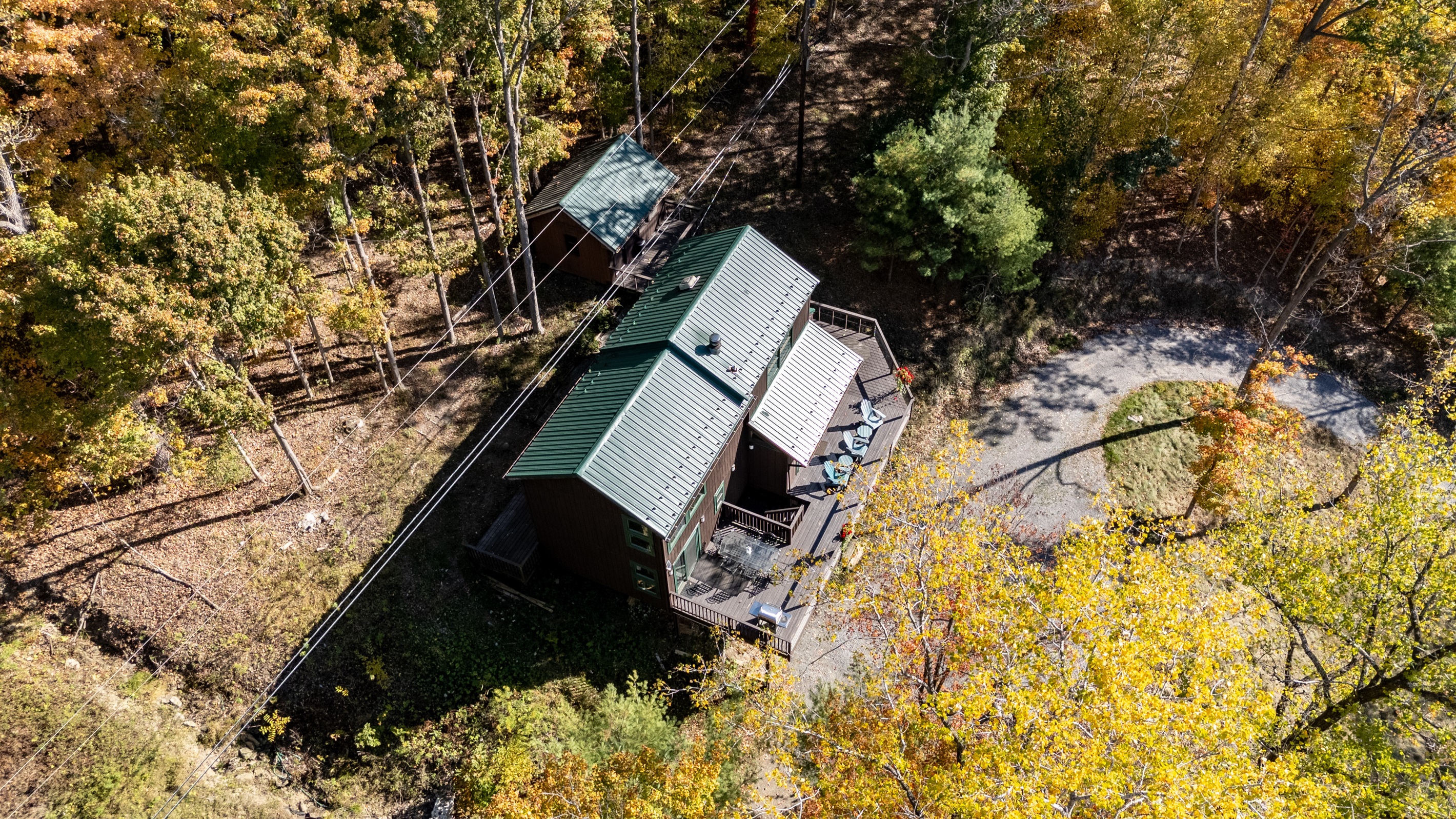 Aerial framing of the cabin’s deck stepping into the forest — nature-immersed.