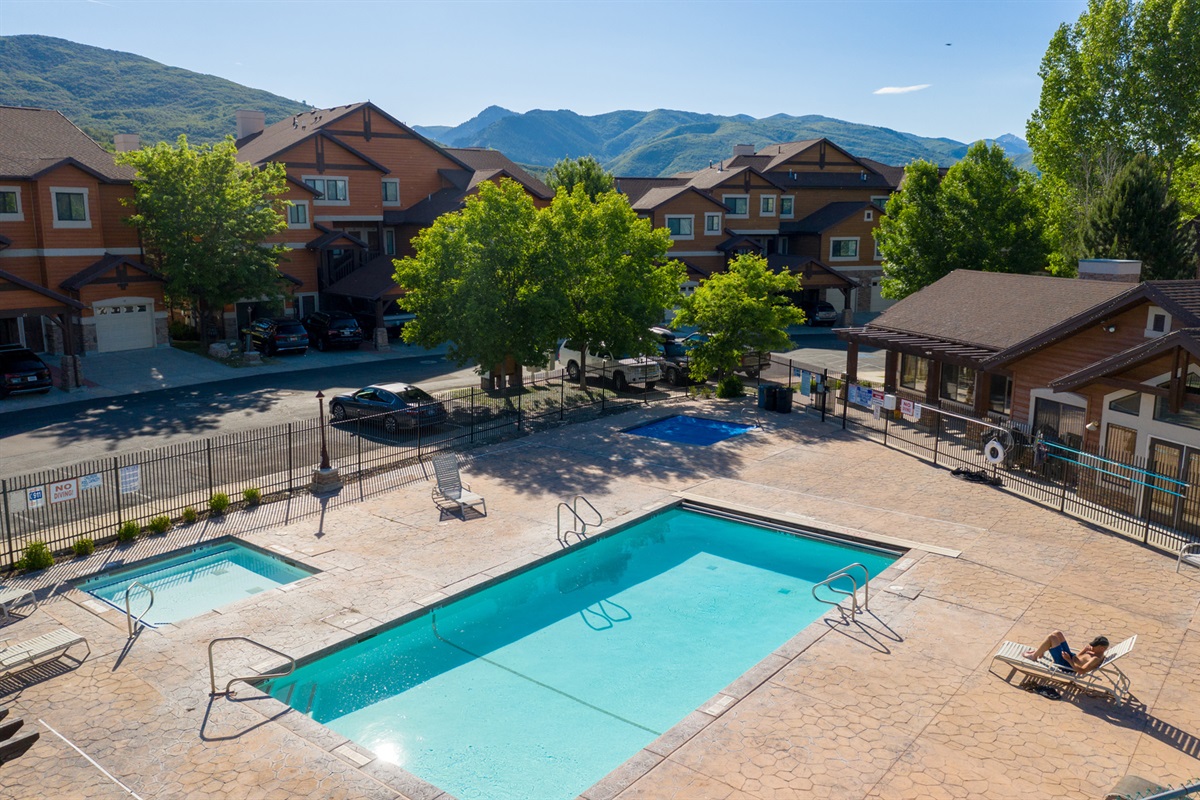 Shared Lakeside Village pool area with mountain views.