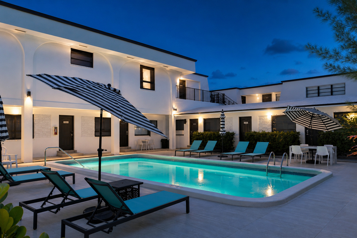 Blue-hour pool courtyard