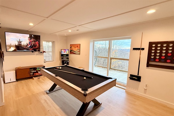 Game room with Pool Table, PS5, Electronic Pinball, Tetris, and games, boasting an amazing mountain view!
