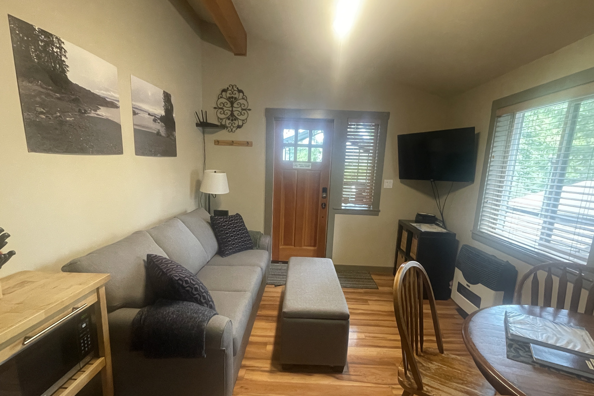 Living room area, gas heater and entertainment centre