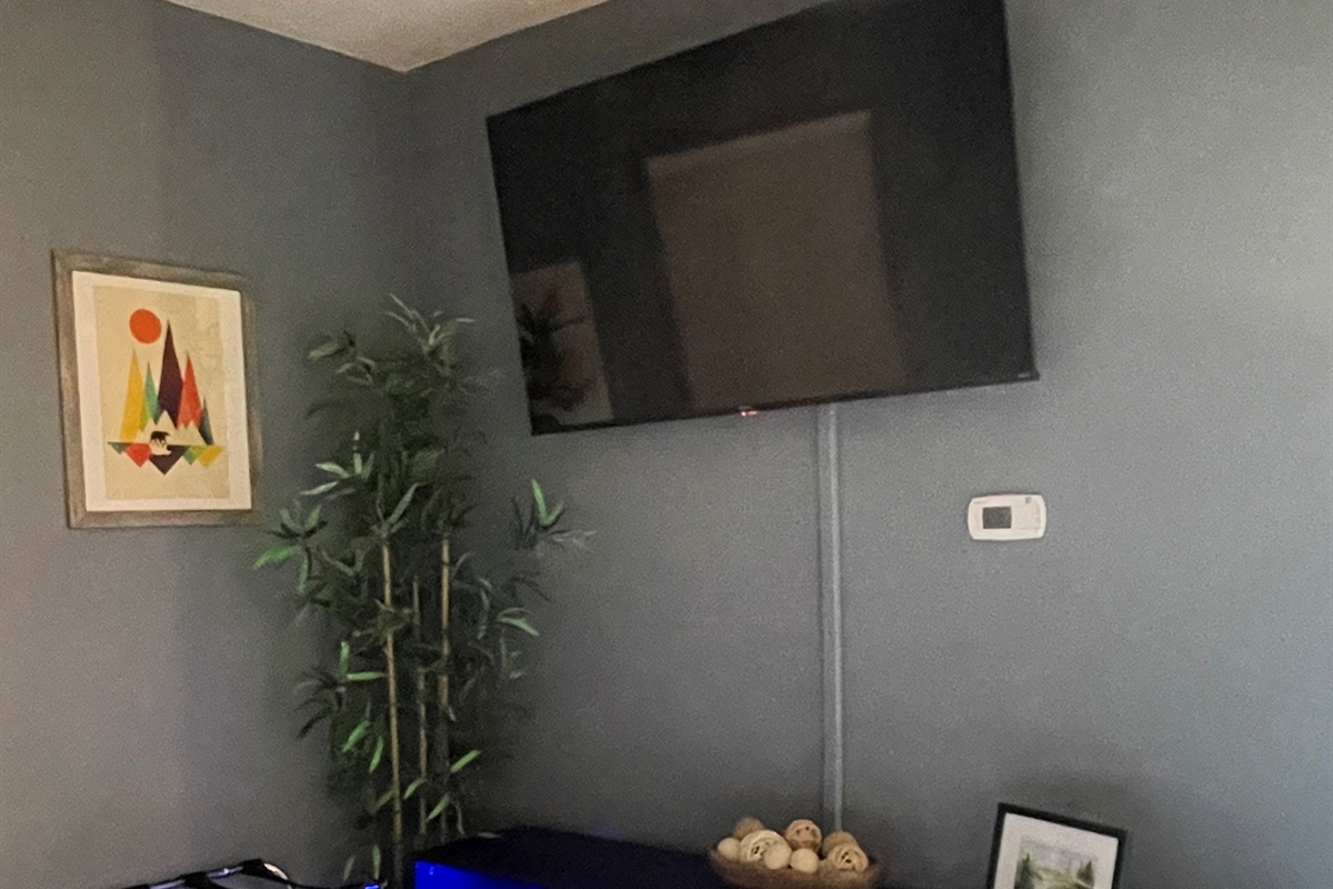 The primary bedroom is warm and cozy with a fireplace and 55 inch TV.