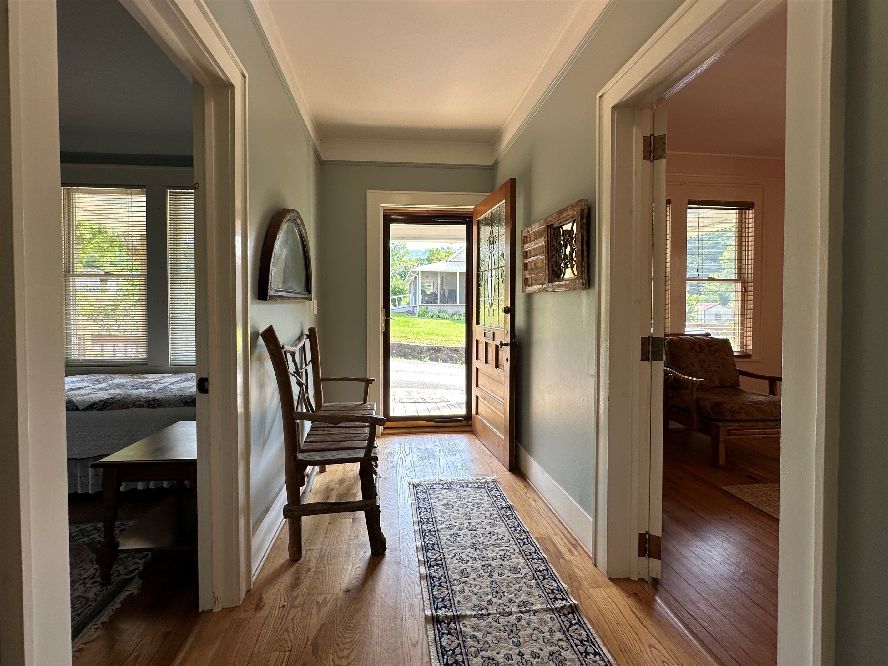 Front door to the house with the queen bedroom on the right and the twin bedroom on the left