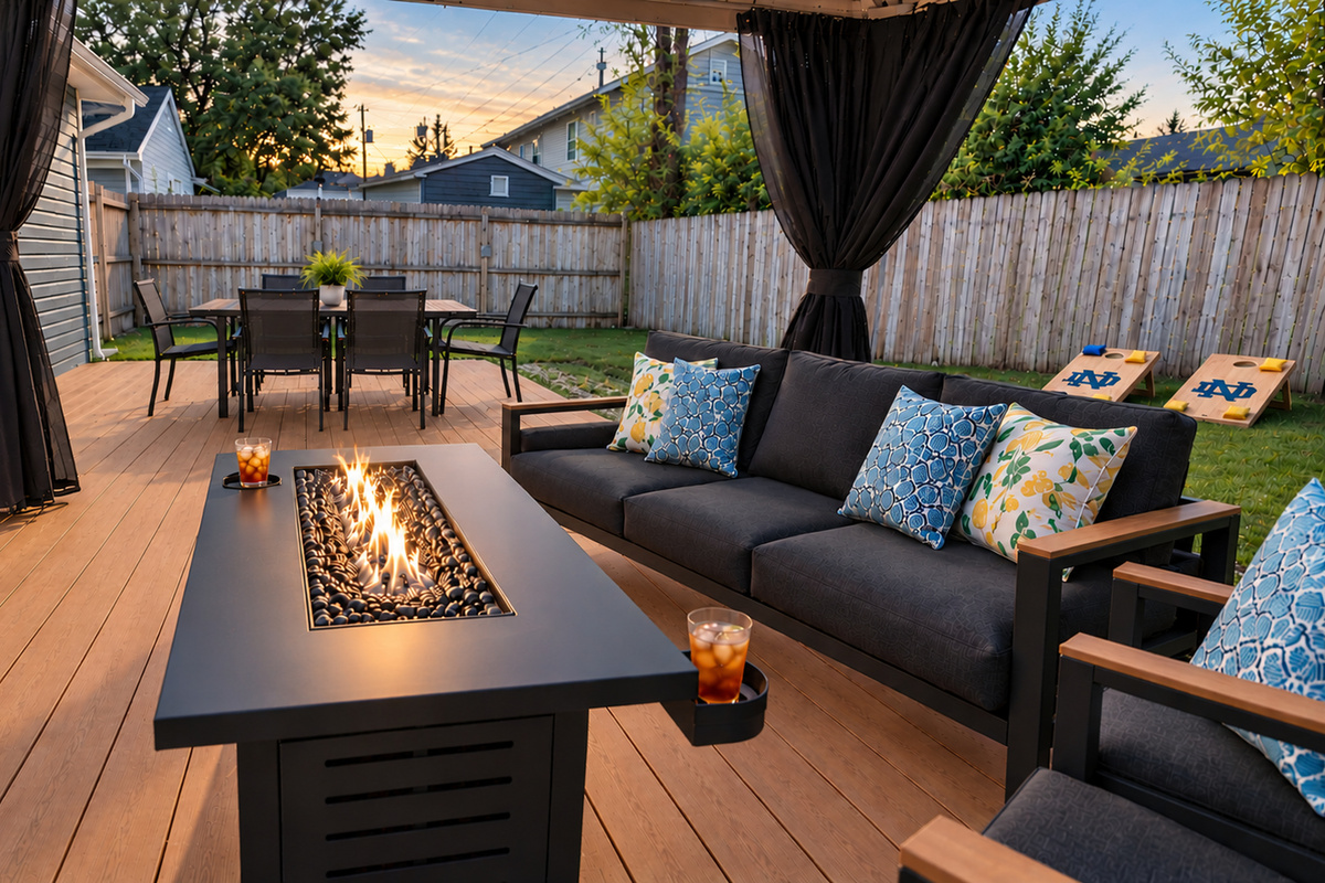 Unwind by the glowing propane fire table under the covered gazebo, or enjoy outdoor dining on the spacious deck in the fully fenced backyard.