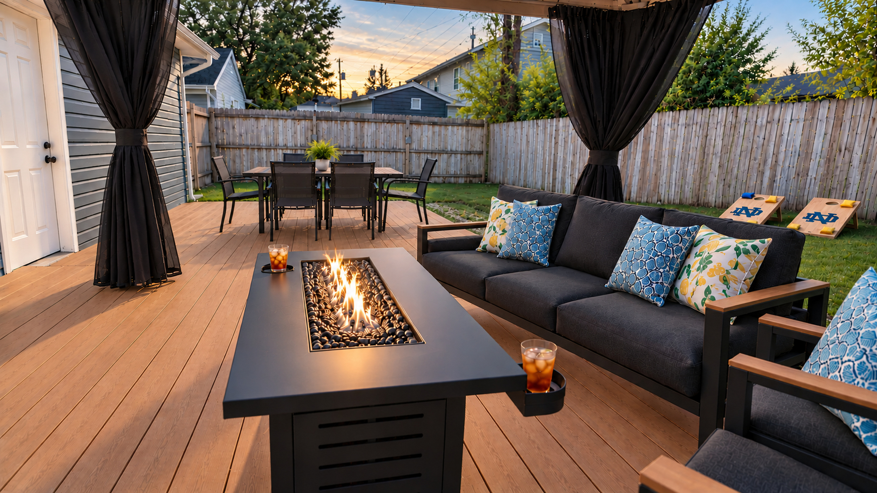 Unwind by the glowing propane fire table under the covered gazebo, or enjoy outdoor dining on the spacious deck in the fully fenced backyard.