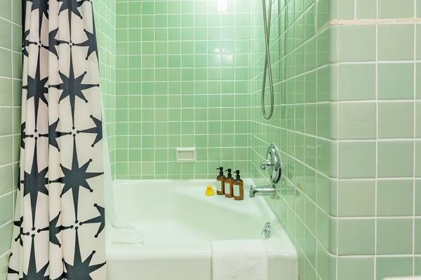 Kid-sized bathtub and shower | shampoo, conditioner, body wash