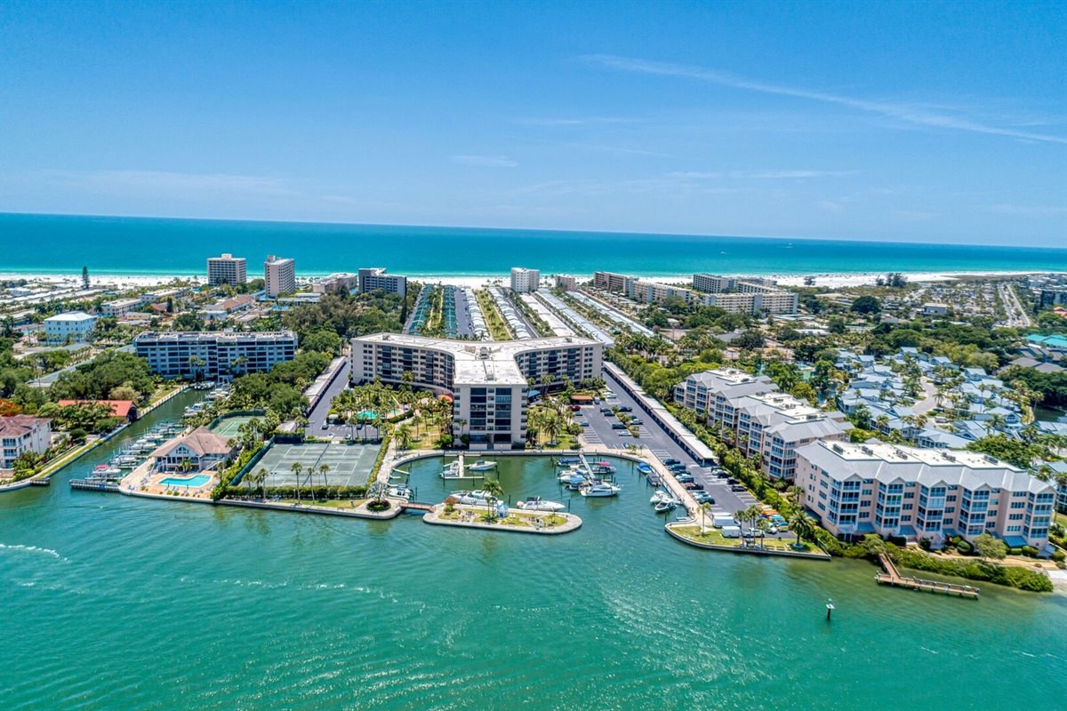 Overhead of the vibrant Siesta Key shoreline and blue water.