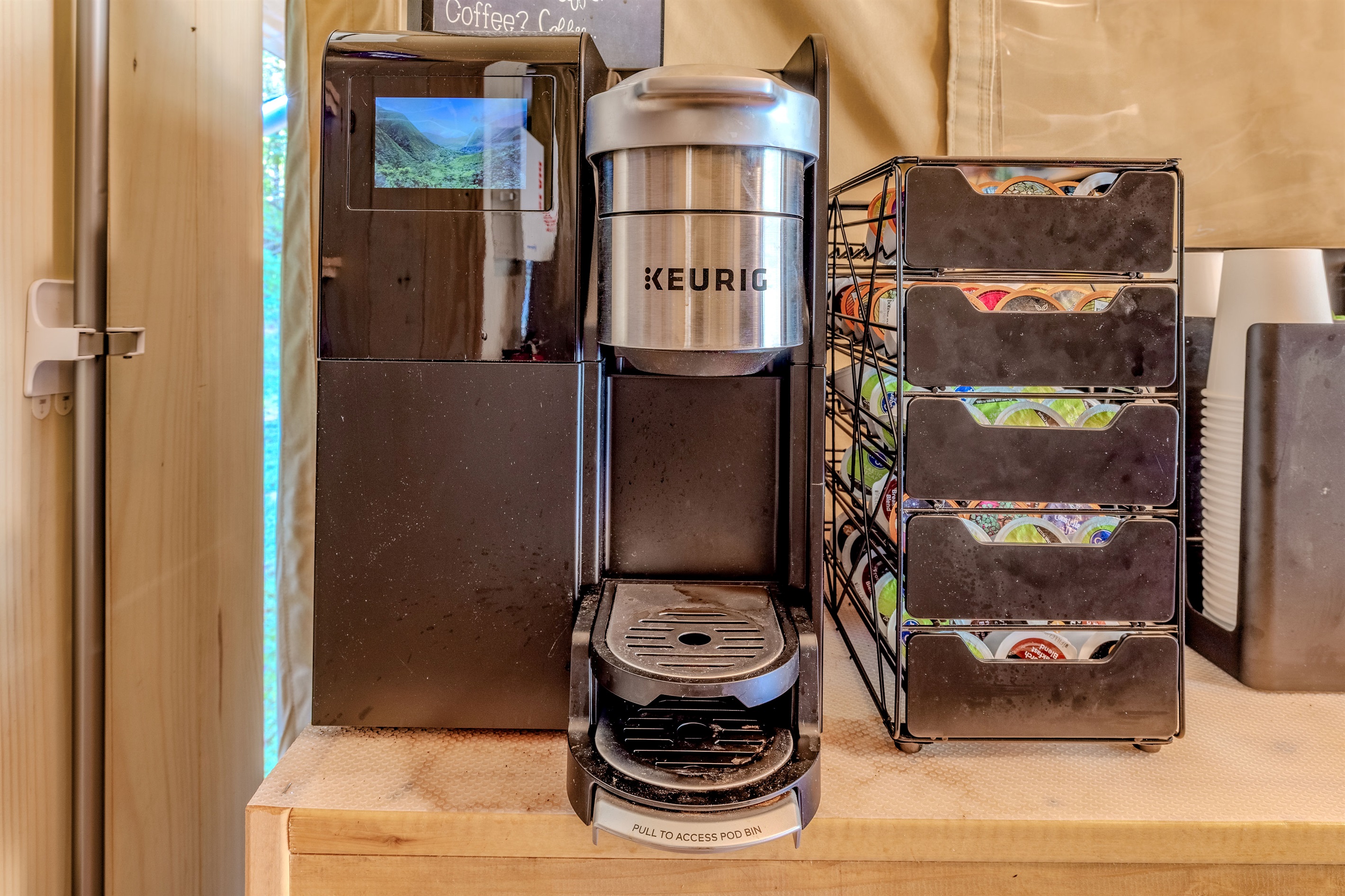 Rise, shine, and sip. We provide everything you need for your caffeine fix, stocked with a variety of flavors and fresh cups. Grab one and head out to enjoy the view!