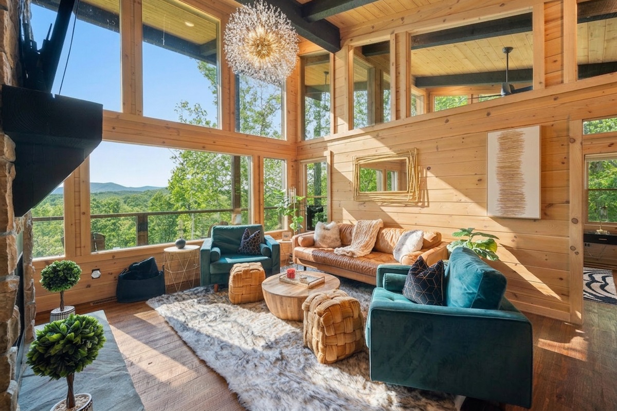The bright and airy living room is the centerpiece of comfort, with floor-to-ceiling windows that bring the stunning natural surroundings indoors.